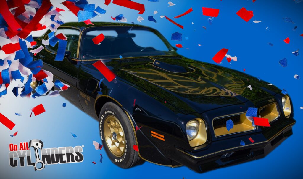 trans am with exploding confetti